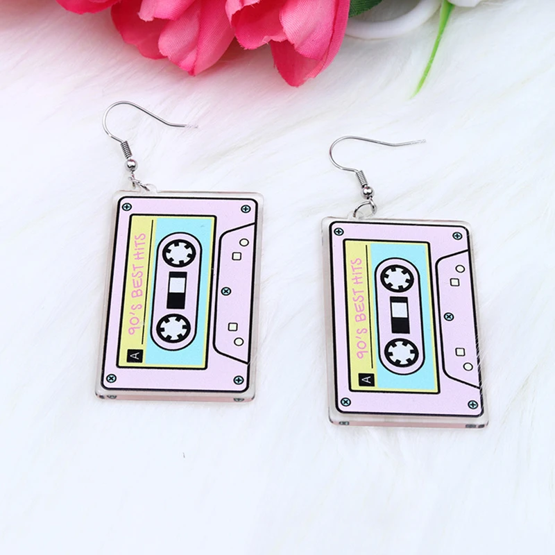 Vintage 90\'s Best HITS Tape Earrings For Women Creative Simulation Cassette Acrylic Dangling Earring