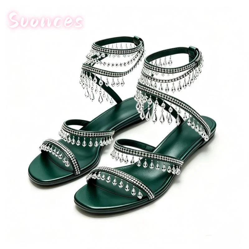 Rhinestone Multi Wrap Ankle Bands Sandals Open Square Toe Flat Teardrop Crystal Fringe Low Flat Base Leisure Daily Shoes
