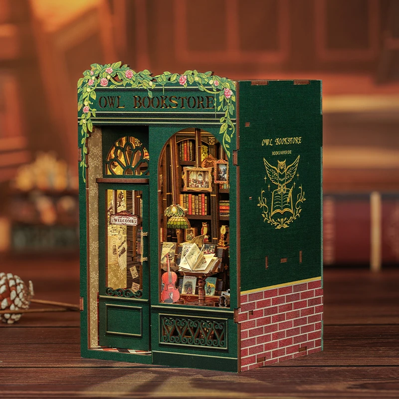 Cutebee diy livro nook casa de bonecas de madeira em miniatura com luzes estante inserção kit 3d estante decoração brinquedos para presentes coruja