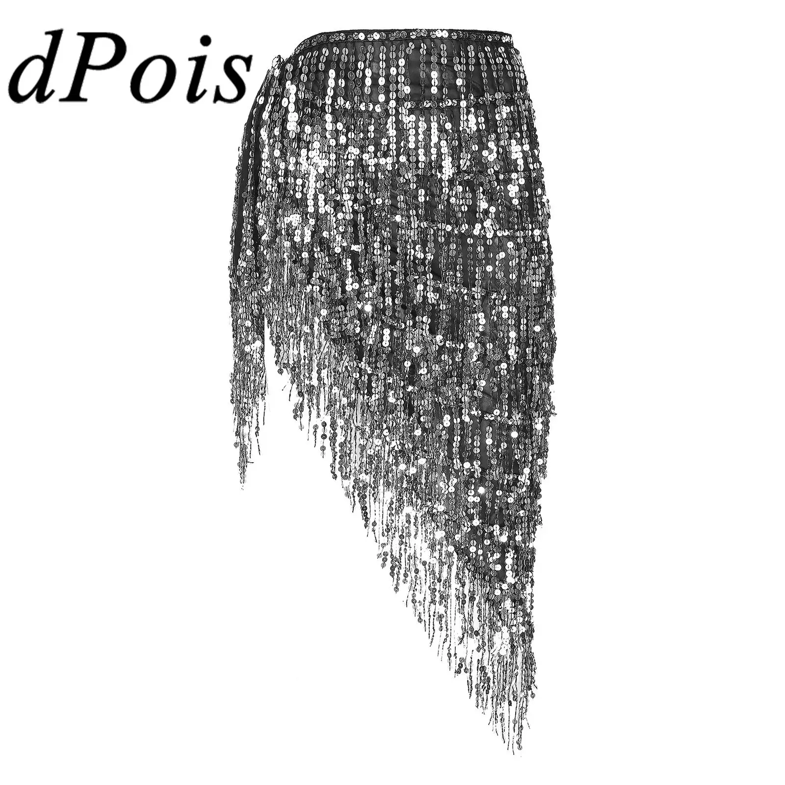 

Womens Sparkly Sequin Tassels Skirt Ladies Latin Chacha Belly Dance Costume Lace-up Asymmetrical Hip Scarf Performance Dancewear