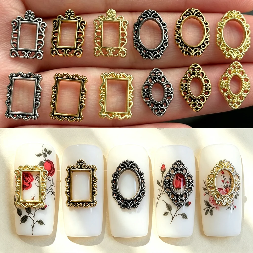 12-Fächer 3D Vintage Metallrahmen Nagelcharms Retro Punk Gold Schwarz Silber Fotorahmen Nagelsteine Legierung Hohlrahmen Nageldekoration – Detail 3