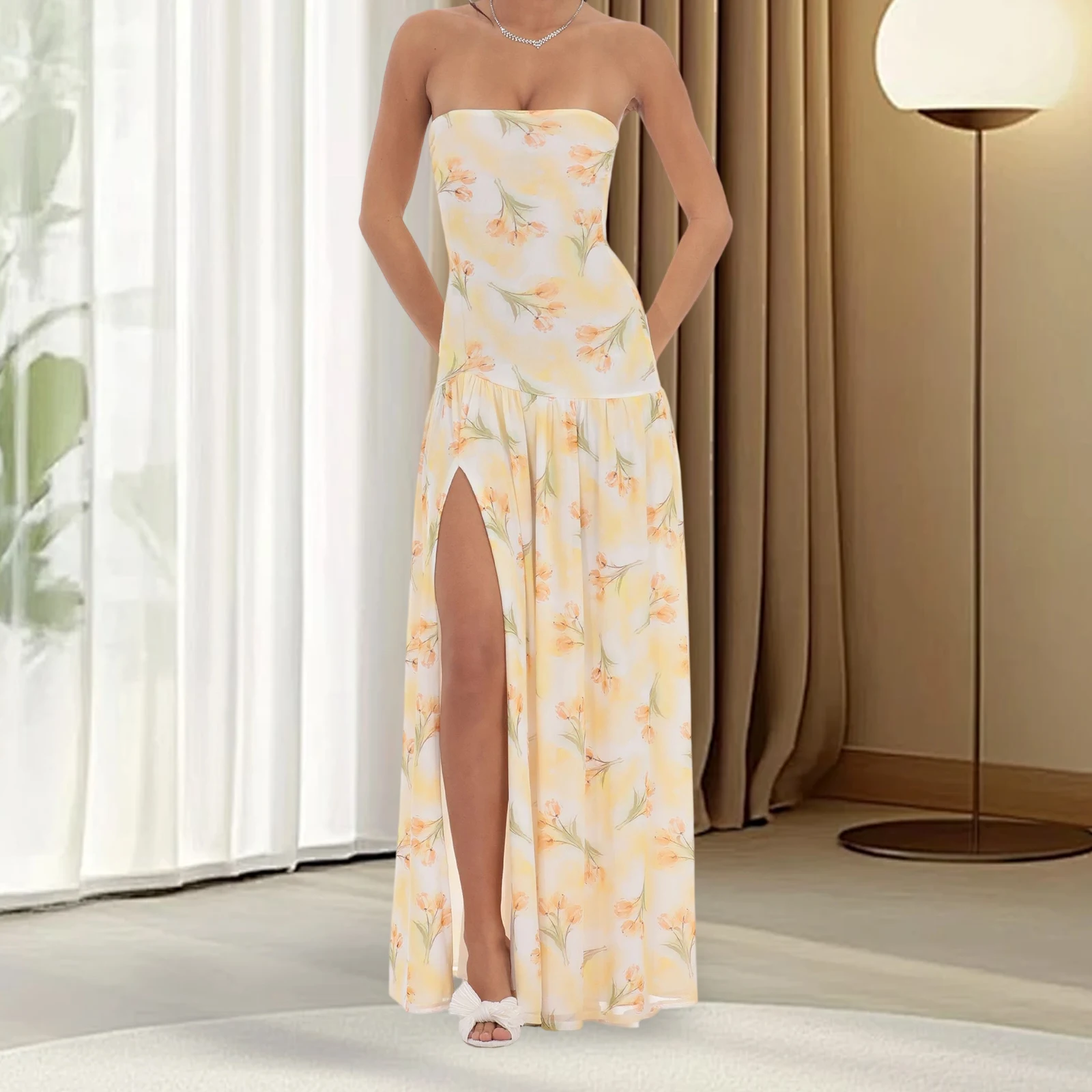 Damska Sukienka Bez Ramiączek z Wysokim Rozcięciem, Dopasowana, Kwiatowa/Gładka, Odkryte Ramiona, Bez Rękawów, Długa Sukienka Tube Top na Imprezę/Klub
