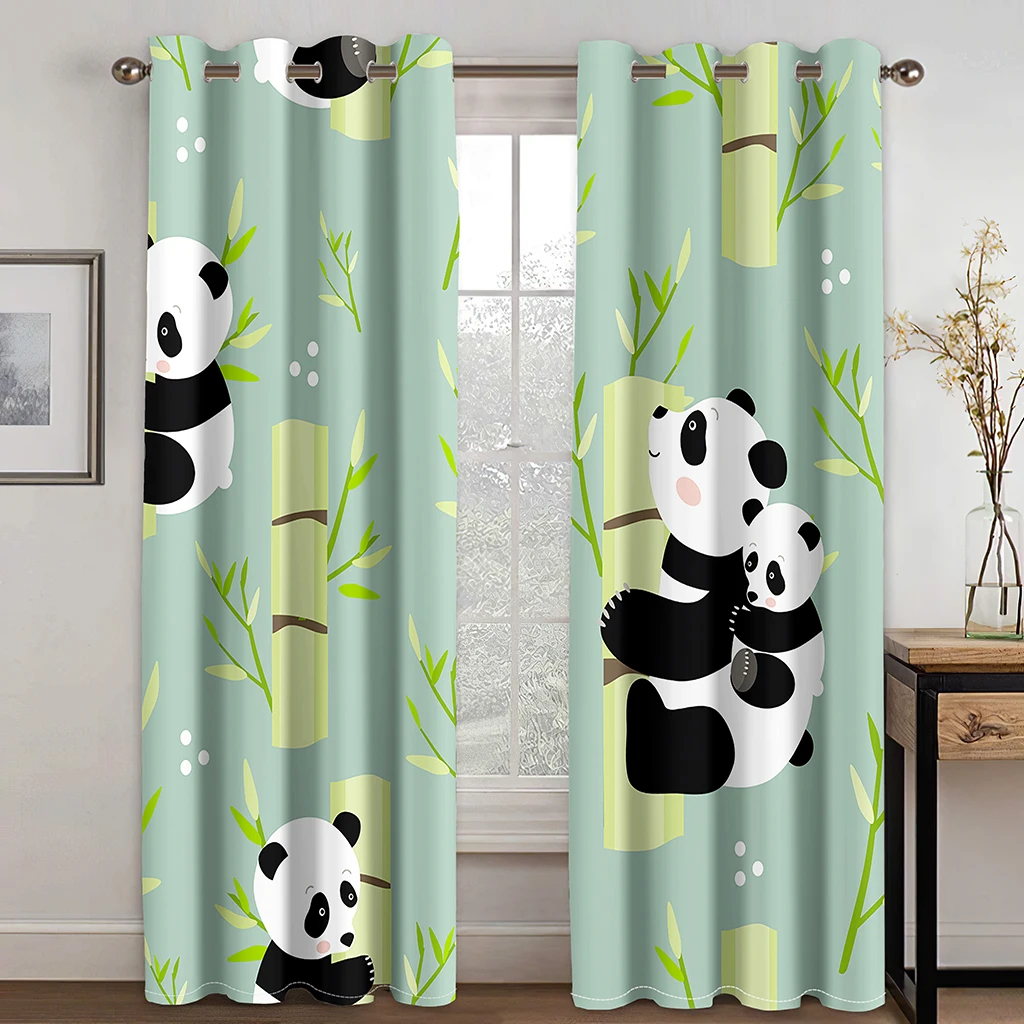 Panda Window Curtains for Living Room, Cartoon Style, Bear Drawings, Foliage Leaves, Chinese 2-Panel Set