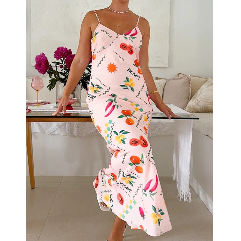 Women y2k Fairycore Vintage Graphic Printed Maxi Dress Spaghetti Strap Floral Midi Slip Dress Backless Long Flowy Sundress