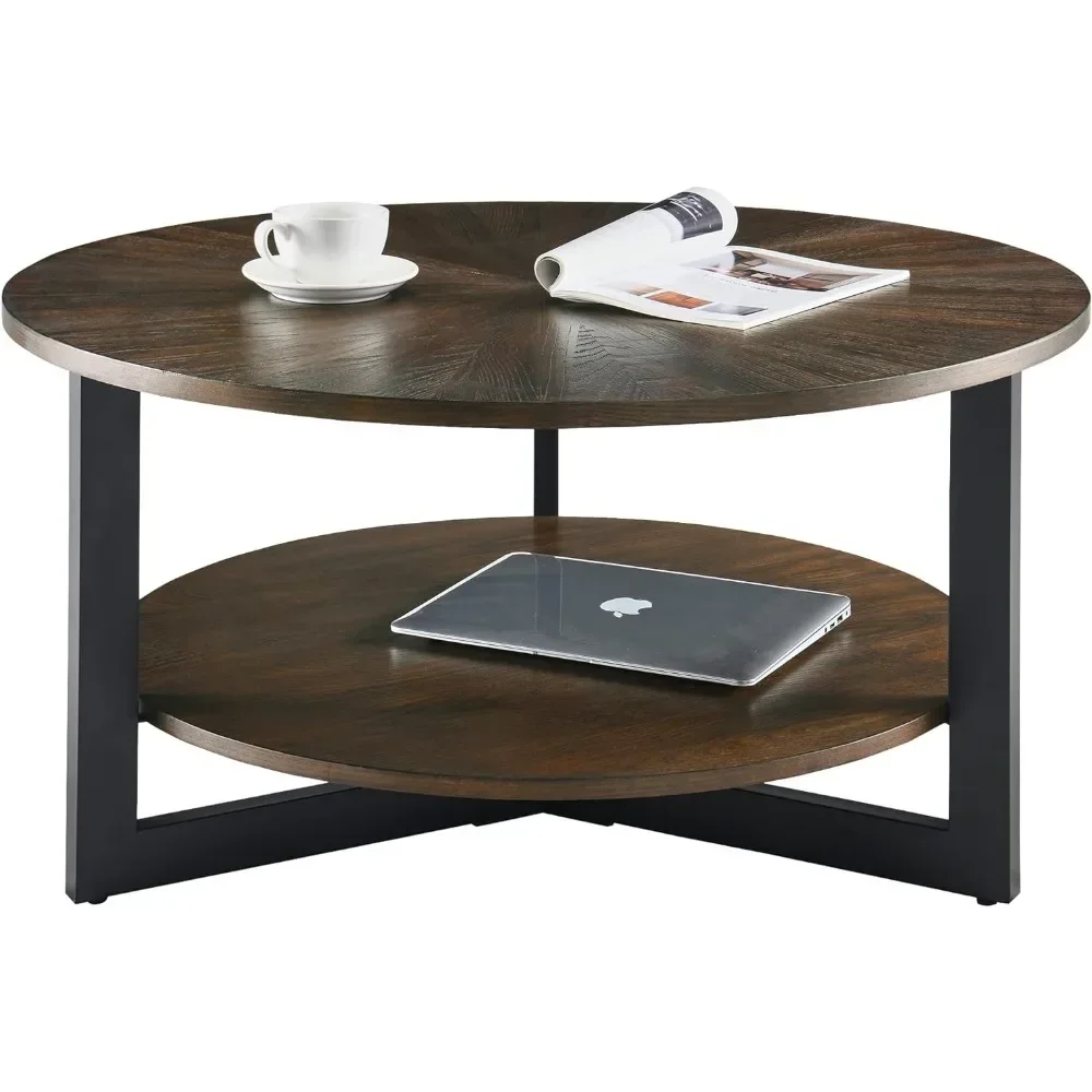 Round Coffee Table with Storage Shelf, Farmhouse Living Room Cocktail Black Metal Legs, Circular Solid Wood Center Tea Table