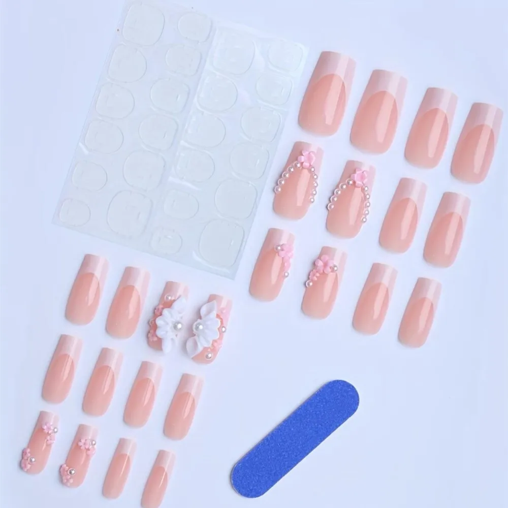 24Pcs Acrylic Flower/Pearl Rhinestones French False Nails Full Cover Medium Square Nude Press On Nails Sweet French Fake Nails & view 4
