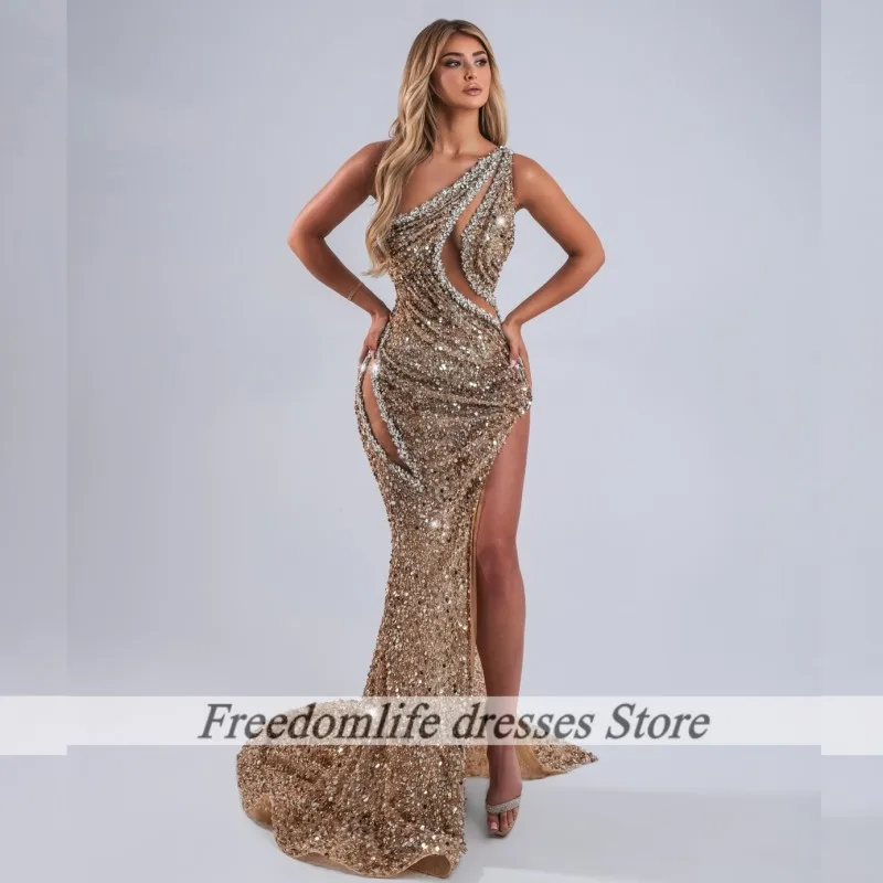 샴페인 이브닝 드레스 원 숄더 크리스탈 웨딩 파티 드레스 2026 인어 프롬 가운 여성용 맞춤형 드레스