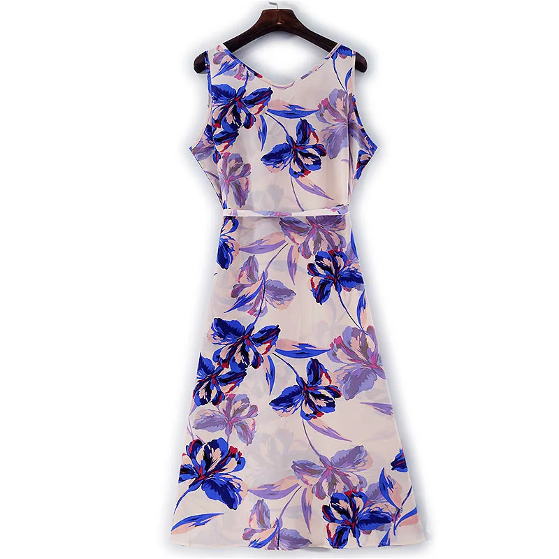 2026 Estate delle donne Nuovo 100% seta di gelso naturale Crepe De Chine senza maniche rosa chiaro fiore stampato abito con scollo a V