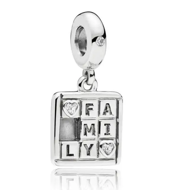 

Genuine 925 Sterling Silver Charm Square Shape Family With Heart Crystal Pendant Beads Fit Pan Bracelet & Necklace Jewelry