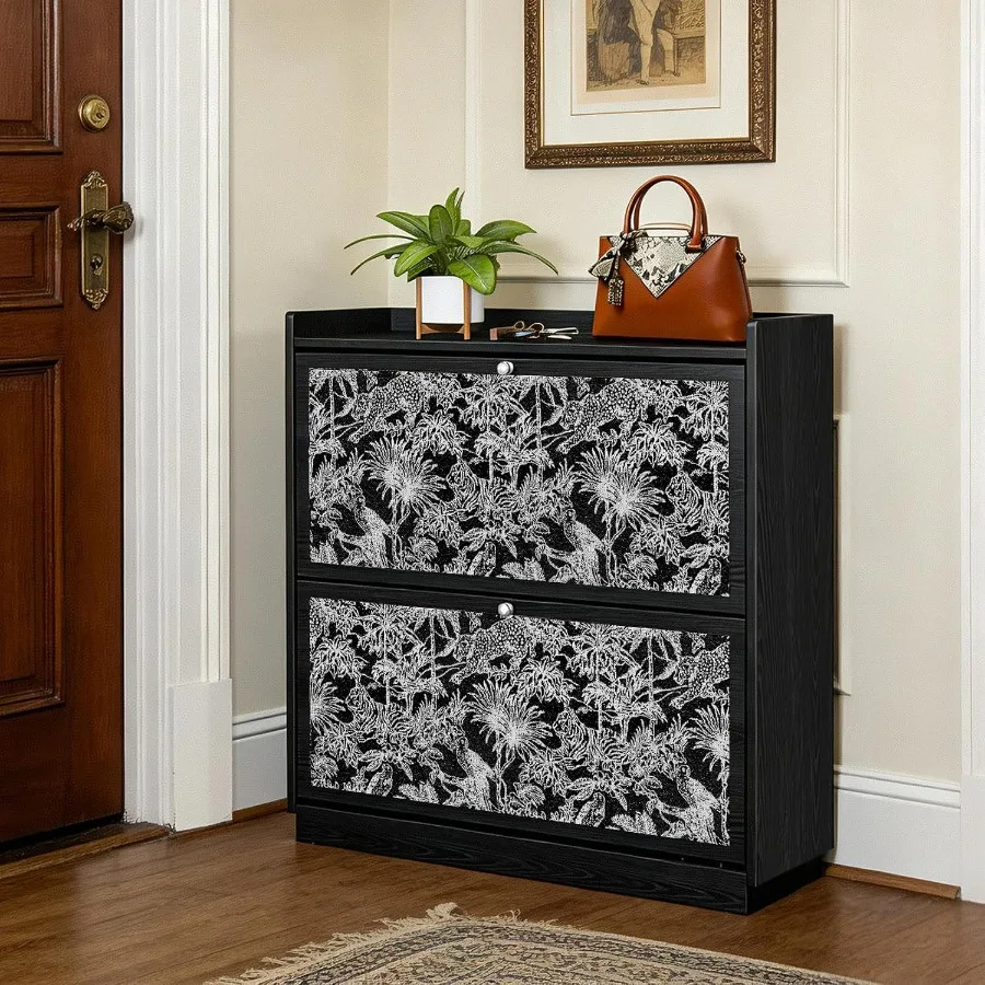 Slim Shoe Cabinet for Entryway with 2 Flip Drawers, Black Wood