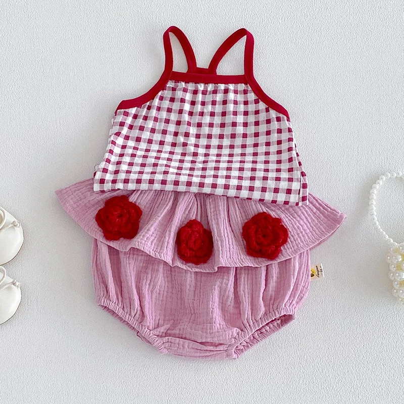 2026 New Summer Toddler Baby Girl Clothes Suit Sleeveless Cotton Grid Vest+PP Shorts Infant Baby Girls Clothing Set 5