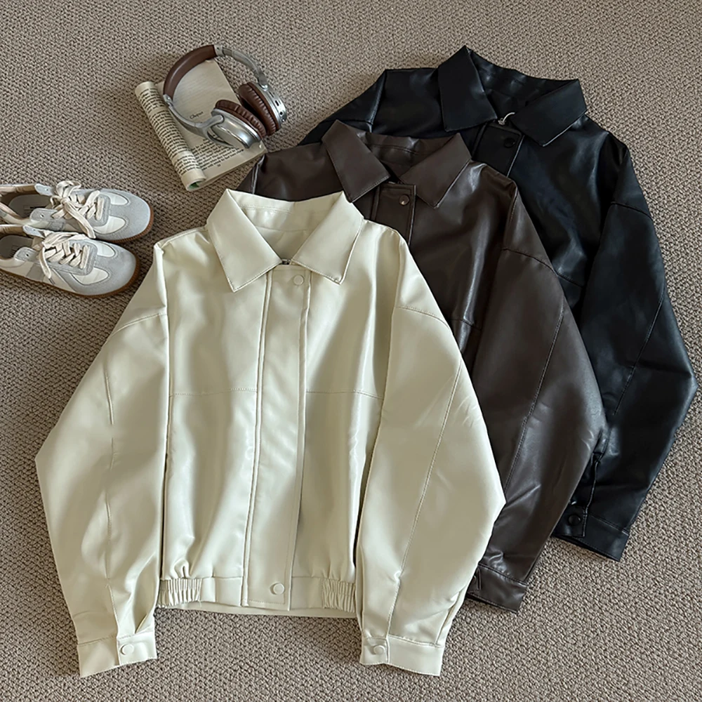 

Autumn Vintage Solid Pu Jackets for Ladies Women Turn Down Collar Zipper Pockets Leather Coats Fashion Outfits Streetwear