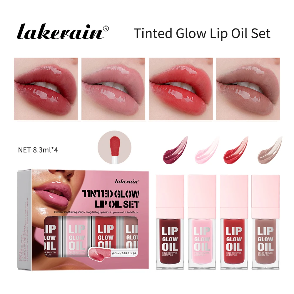 4Colors Tinted Glow Lip Oil Set Waterproof Long Lasting Moisturizing Lipstick Shine Glitter Lip Gloss Women Makeup Cosmetics