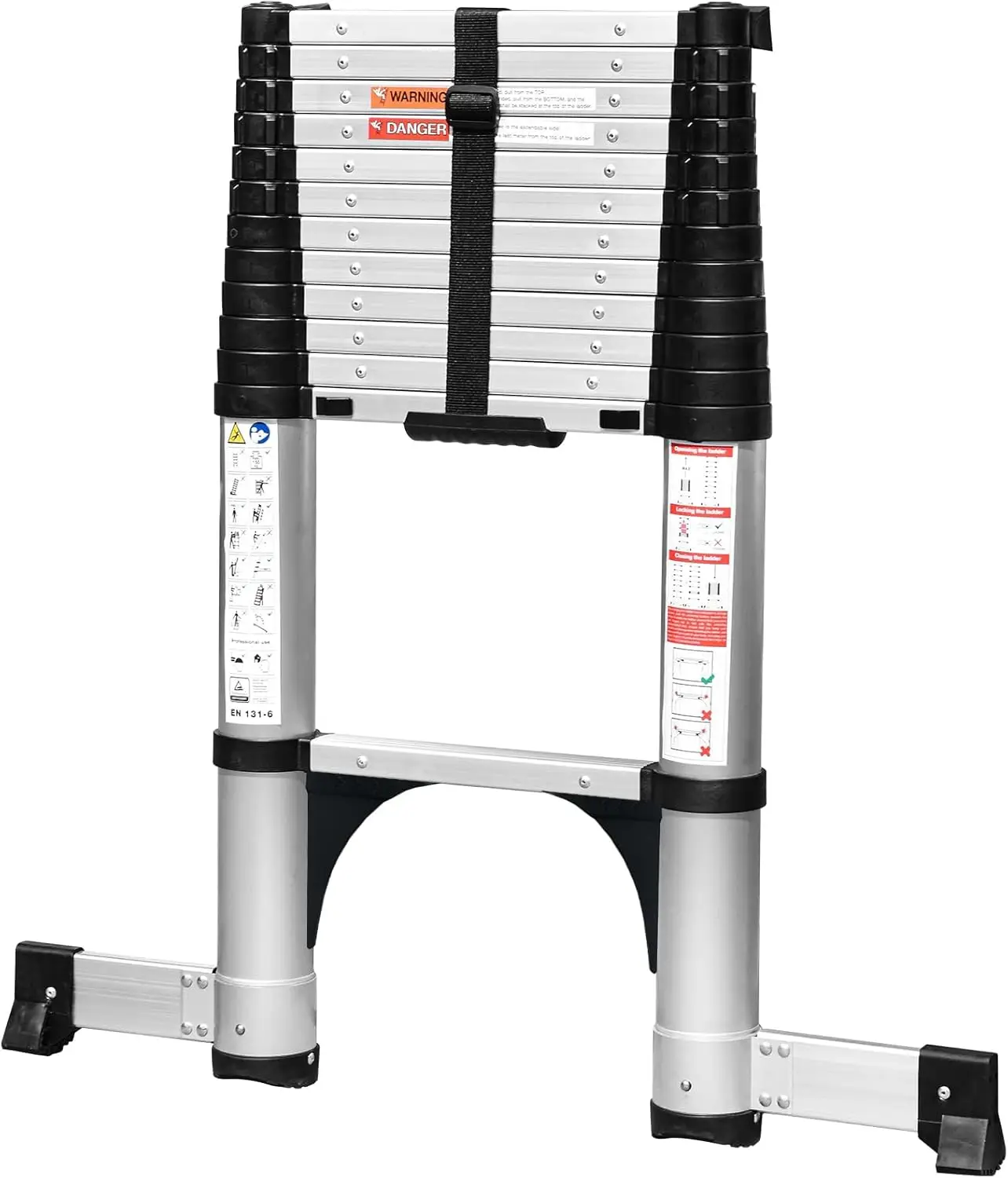 One-Button Retraction Telescoping Ladder, Aluminum Lightweight Extension Ladder w/Non-Slip Foldable Feet, Compact Collapsible La