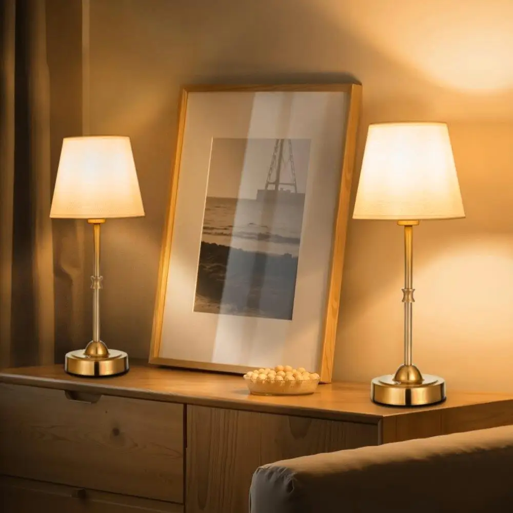 

Cordless Rechargeable Table Lamp Set with Fabric Shade Gold Finish for Home Office Bedroom Decor