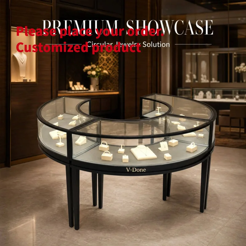custom.Luxury Matte Black Circular Jewellery Island Showcase Curved Glass Display Cabinet With LED Light Retail Boutique