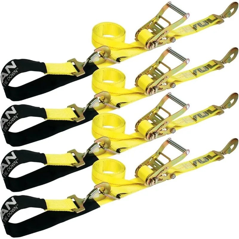 

VULCAN Axle Tie Down Combo Strap with Snap Hook Ratchet 2 Inch x 114 Inch 4 Pack Classic Yellow - 3,300 Pound