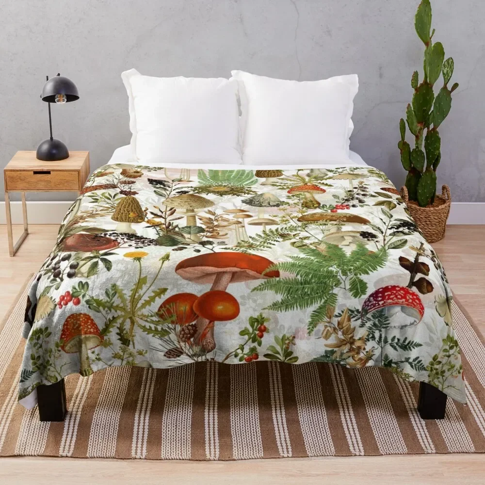 

Vintage Midnight Mushrooms Forest Botanical Garden Pattern - White Throw Blanket Plush halloween Blankets