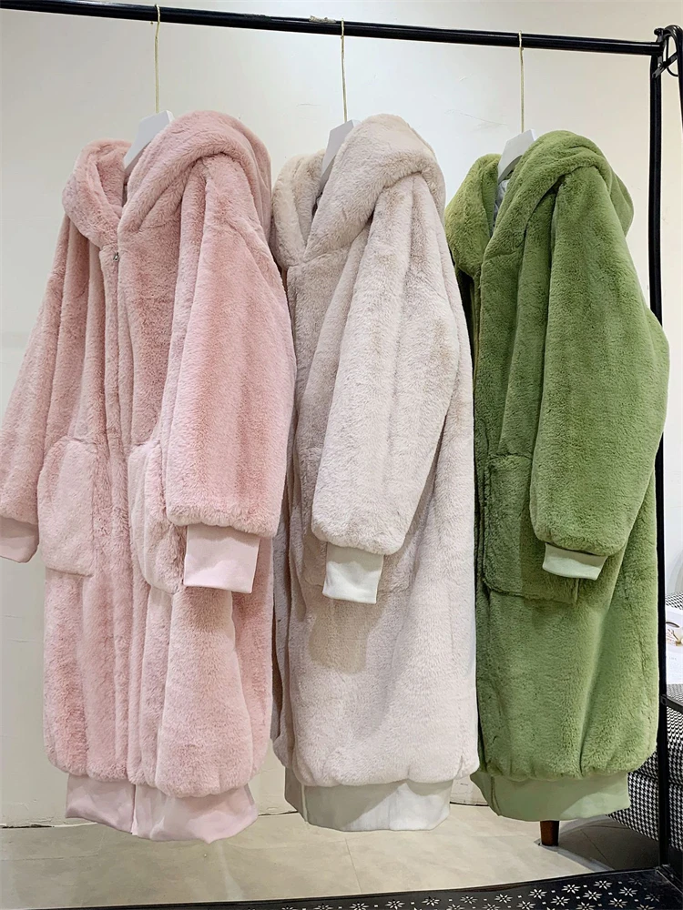 Hooded Thicken Faux Rabbit Fur Overcoats Korean Winter Warm Mid-length Coats High Quality Plush Chaquetas Women Furry Jackets