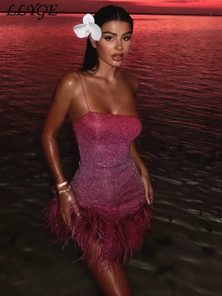 Sexy Feather Sequined Gradient Short Dress Women Shiny Backless Sleeveless Sling Party Dresses 2025 Summer Lady Y2k Beach Robe