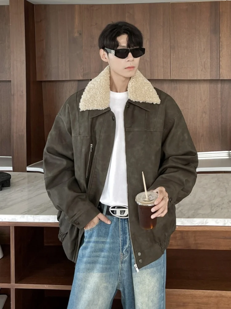 

Ретро-куртка в американском стиле из утолщенной искусственной кожи для мужчин, зимнее пальто, модное брендовое повседневное пальто с длинными рукавами на молнии