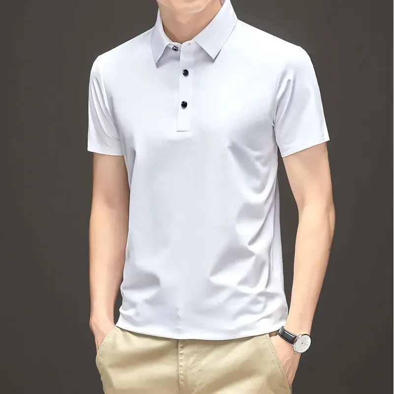 Men\'s Embroidered Mulberry Silk Polo Shirt New Spring/Summer Thin Fashion Business Casual Ice Cool Silk Short Sleeve T-shirt