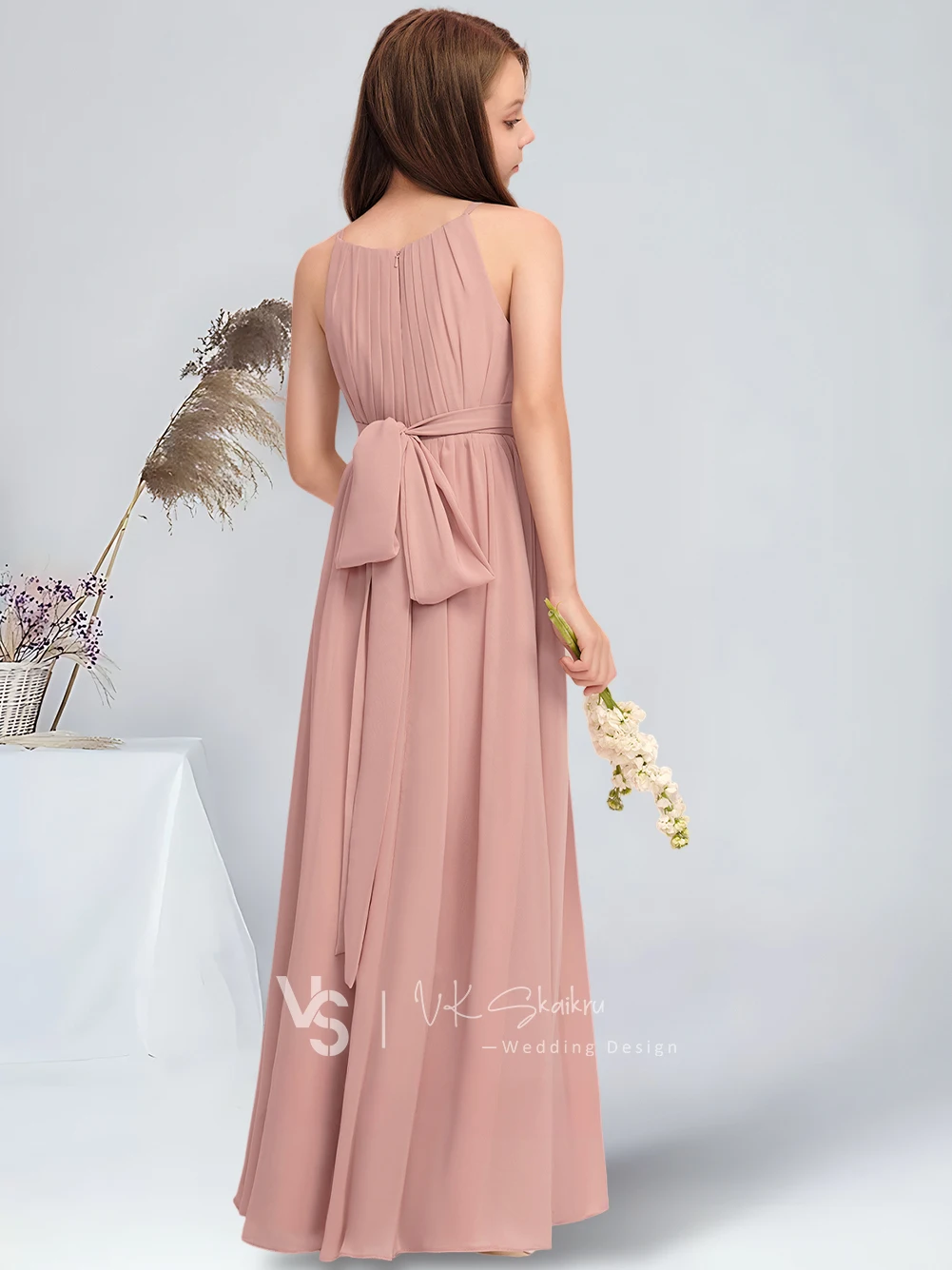 Vestido de dama de honor de gasa con cuello Halter, vestido plisado con lazo, elegante, Rosa polvorienta, longitud hasta el suelo, para boda