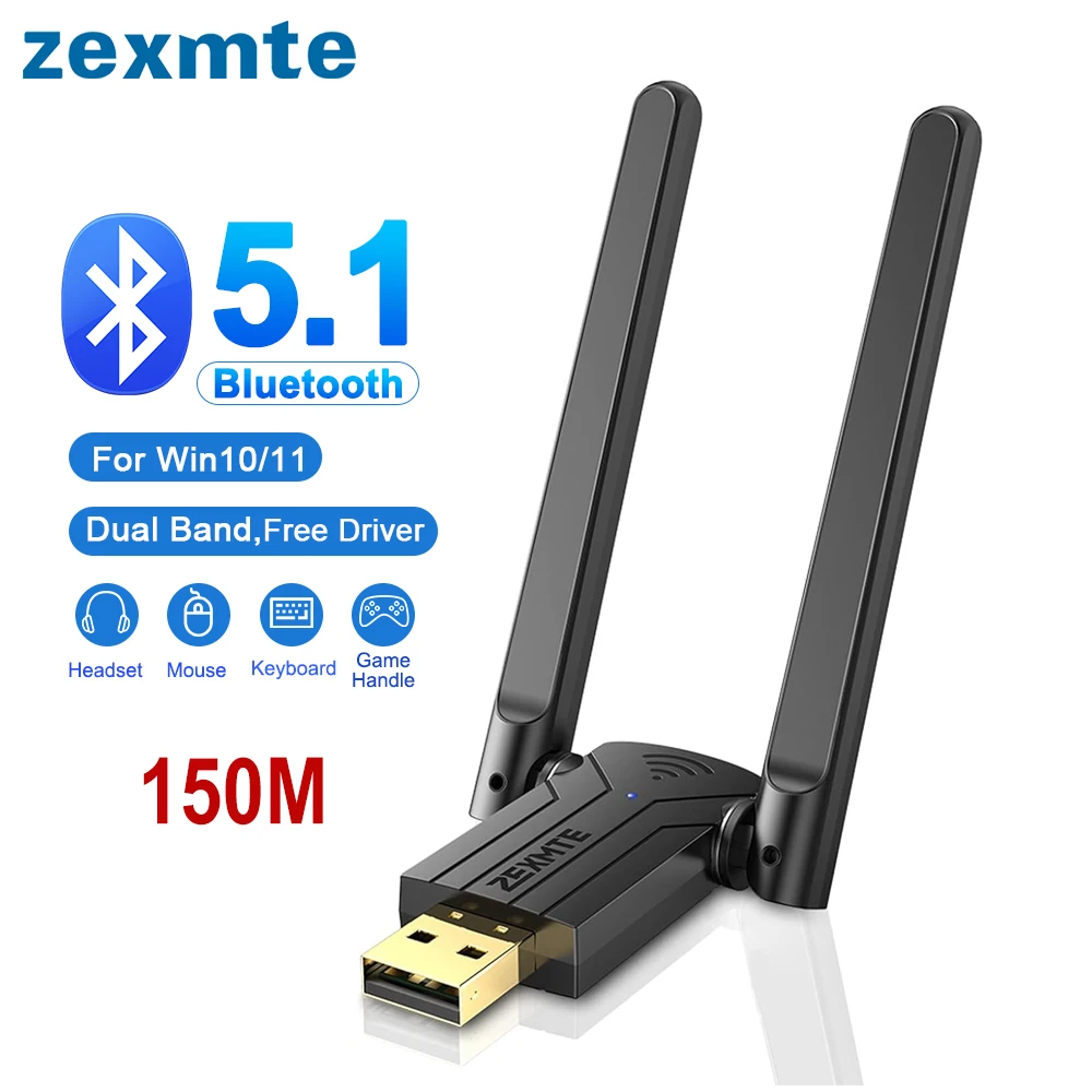 

Zexmte 150M Bluetooth Adapter 492FT USB Bluetooth 5.1 5.0 EDR Dongle Audio Receiver Transmitter for Windows 11/10 Wireless Mouse