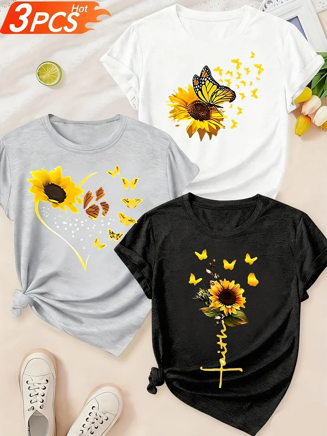 3 Pack Sunflower Butterfly Graphic Tees For Women Aesthetic Flower Print T-Shirt Casual Short Sleeve Y2K Harajuku Top Female Summer Clothing