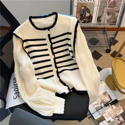 Spring Autumn New Thin Patchwork Fake Two-piece Cardigan Long Sleeve Striped Youth Knitting Tops Fashion Korean Women Clothing