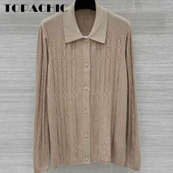 8.22 TOPACHIC Women's Clothes Classic Rope Chain Jacquard Solid Wool Knitted Soft Cardigan Lapel Collar Long Sleeve Coat