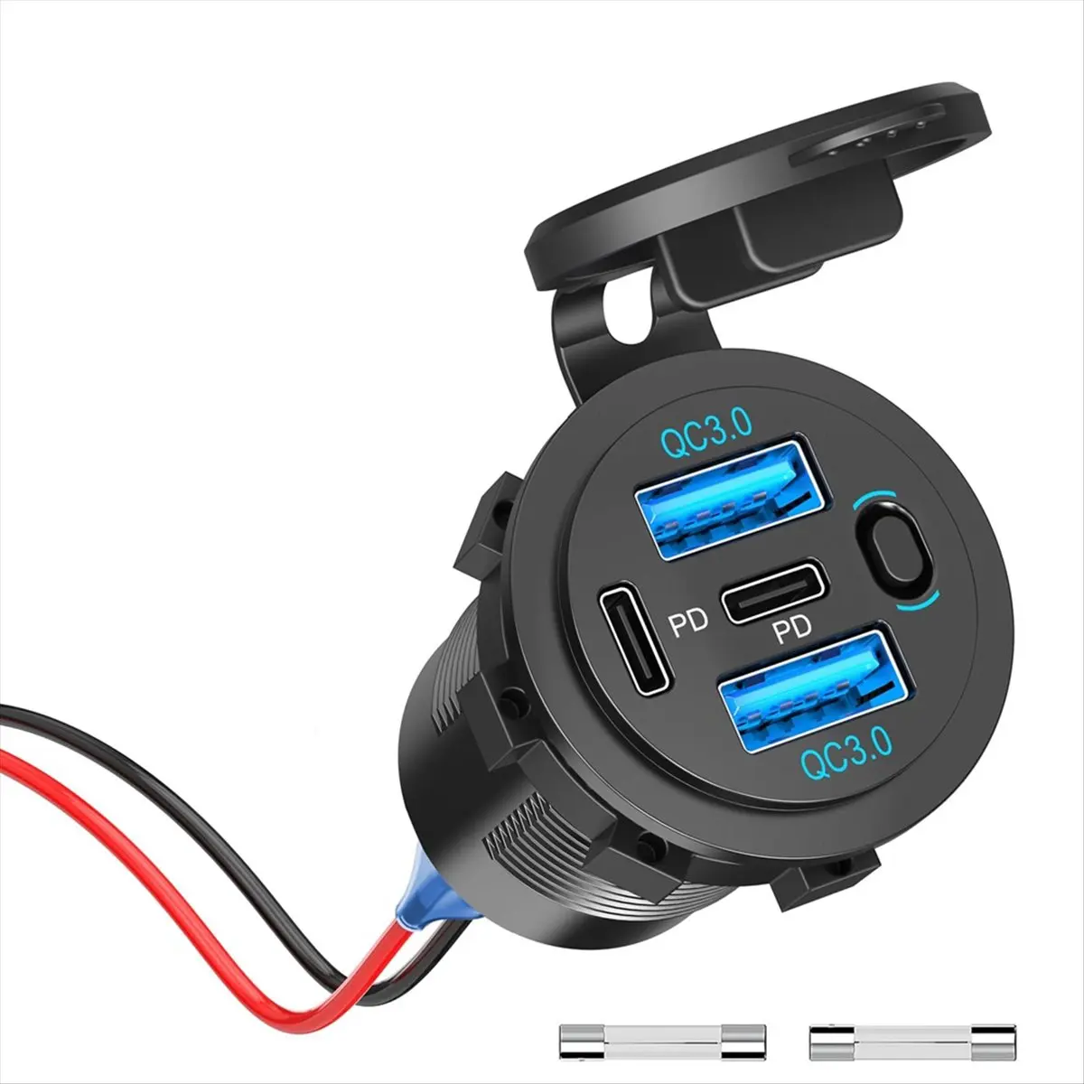 【Charger】 USB C PD Socket 12V Car Charger - Waterproof Installation Box with Switch Panel for Motorhome,Truck,Motorcycle,Boat