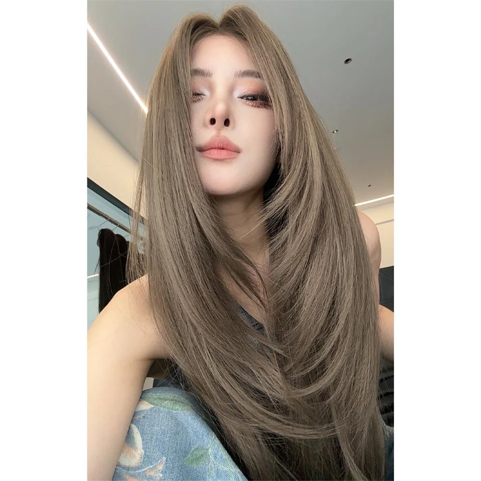 OL Ombre Grau Braun Lange Gerade Synthetische Lace Front Perücken Mittelteil Cosplay Perücke für Frauen Hochtemperatur Natürliches Kunsthaar