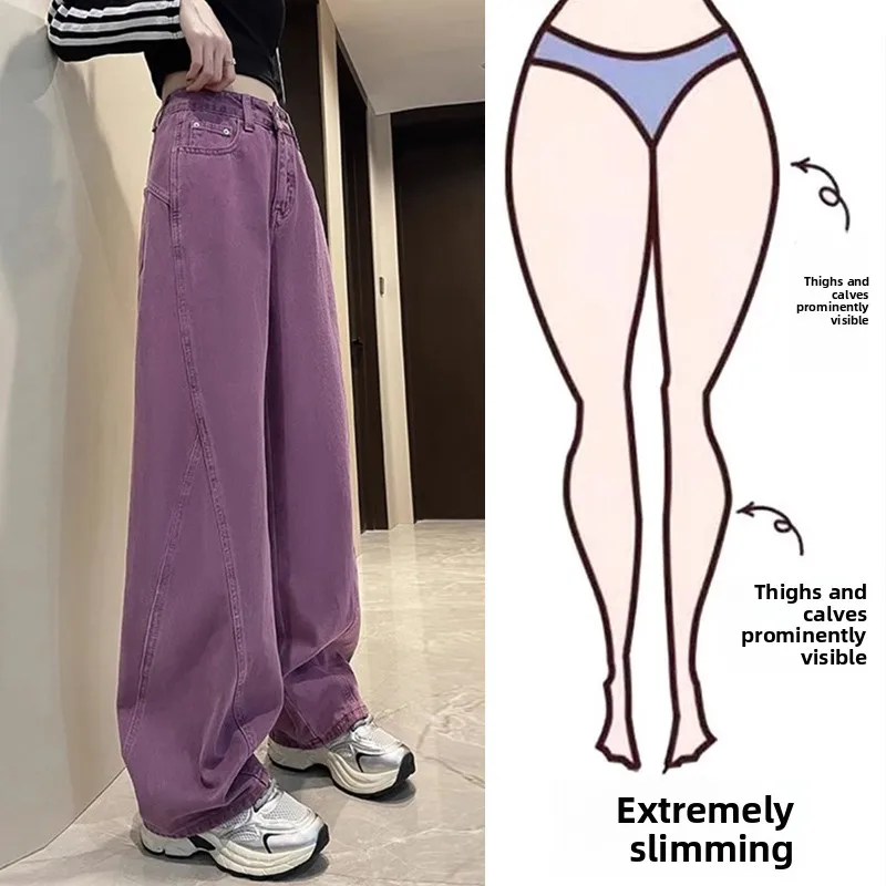 

plus Size Women's High Waist Loose Fit Jeans Purple Knife Casual Straight Leg Trousers for Pear Shaped Spring Autumn