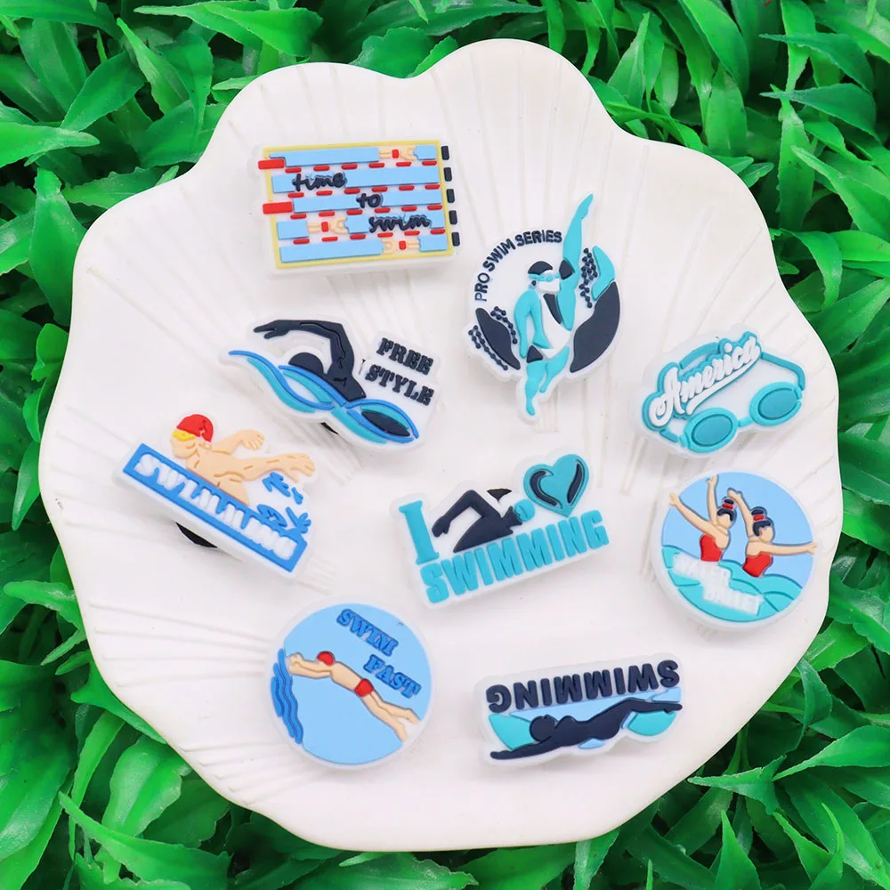 Hot Sale 1-9pcs PVC Shoe Charms Blue Pool Swimming Diving Surfing Accessories DIY Shoes Decoration For Kids X-mas Gift