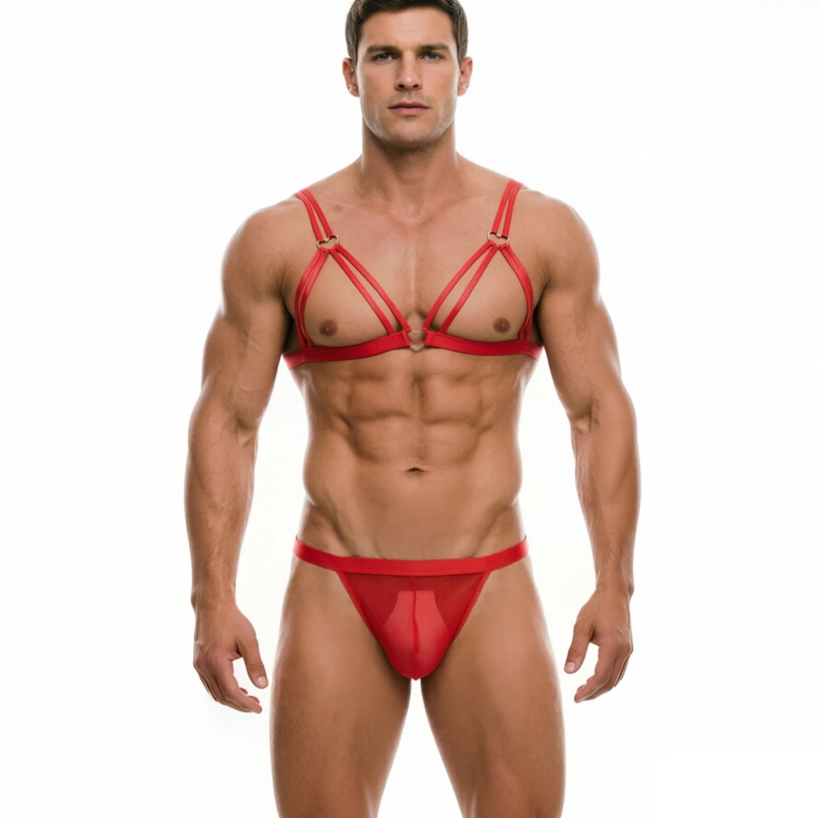 

Men's Erotic Harness Set Heart Ring Chest Bra Bikini Sheer Mesh Thong Panties Sissy Lingerie G String Crossdressing Costume