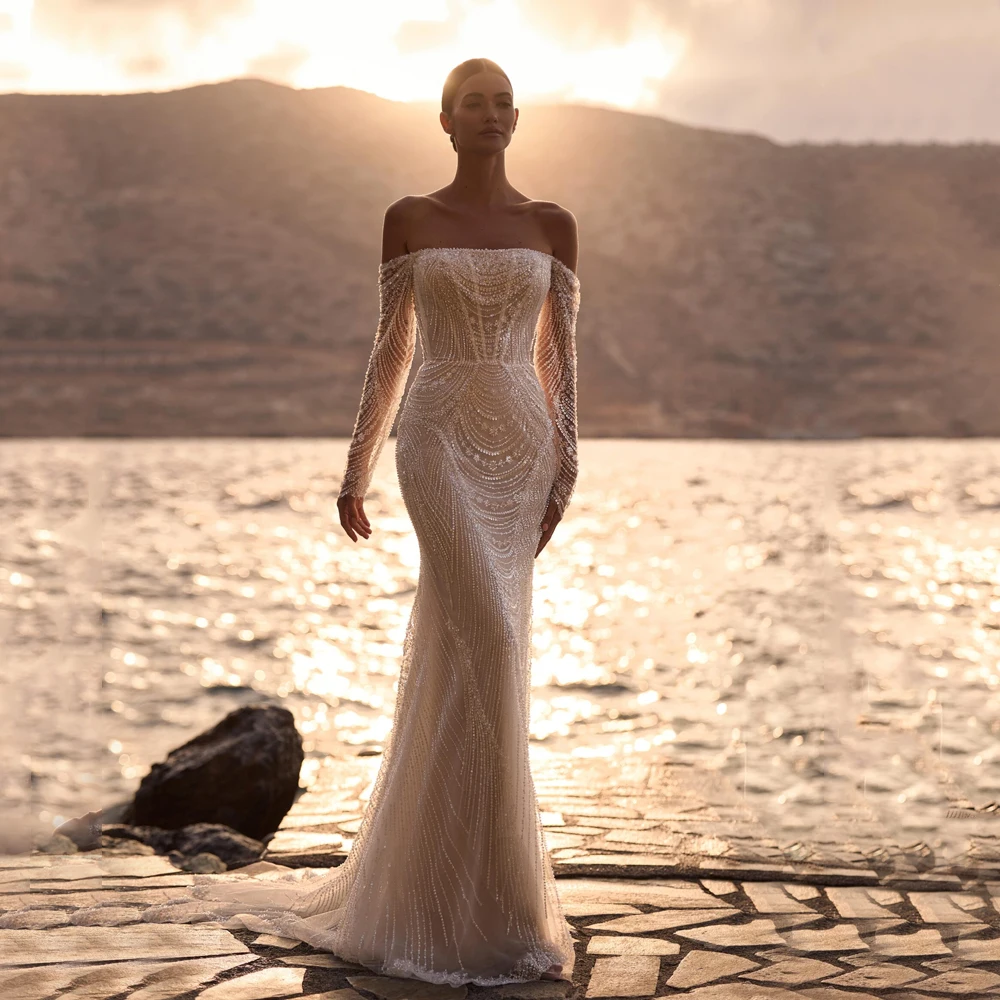 

Strapless Beaded Wedding Dresses Off Shoulder Applique Mermaid Full Sleeve Bride Gowns Luxury Beach vestido de noiva Customized