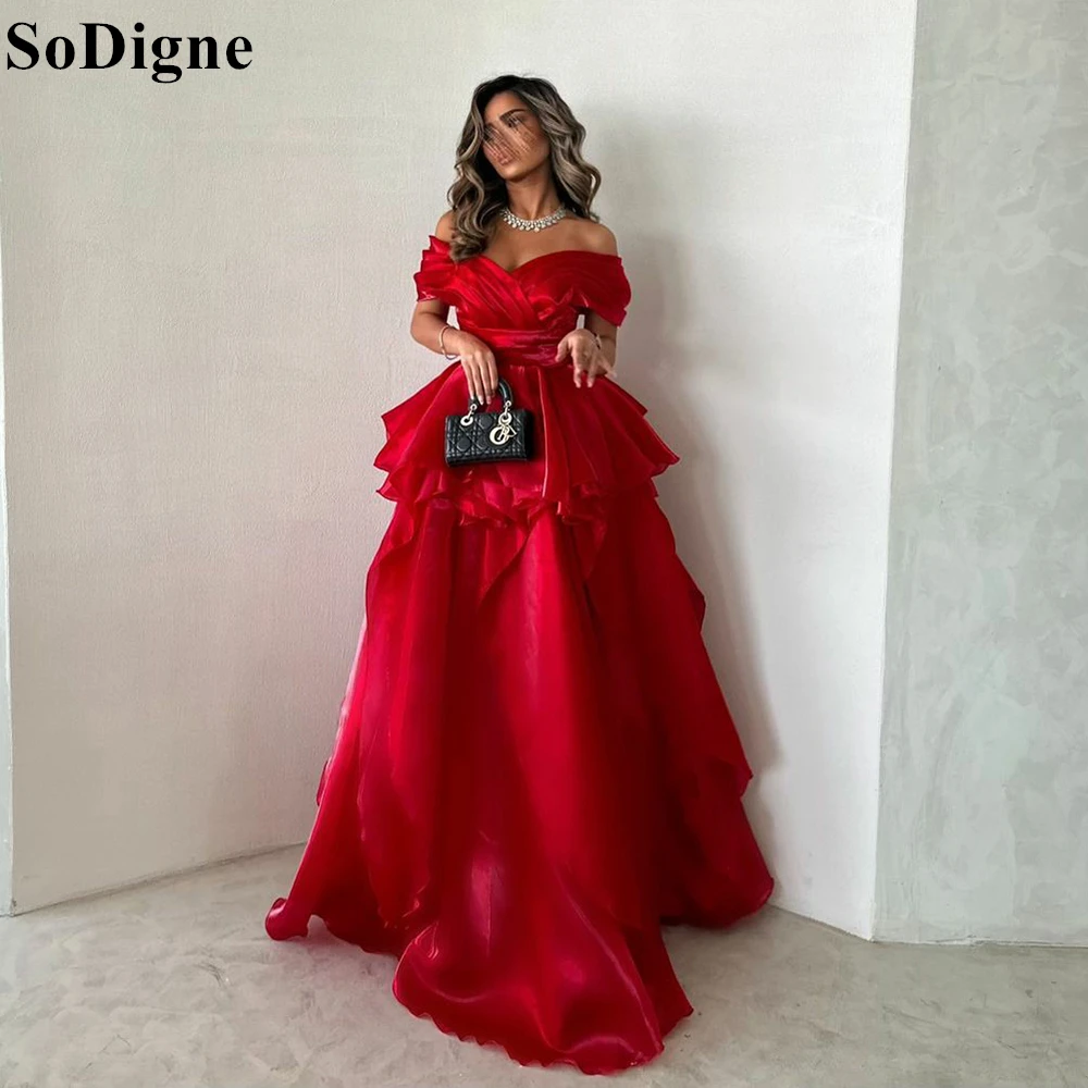 

SoDigne Elegant Red Satin Evening Dresses Off Shoulder A-Line Pleated Sexy Party Dress 2024 Prom Gowns for Women Customized