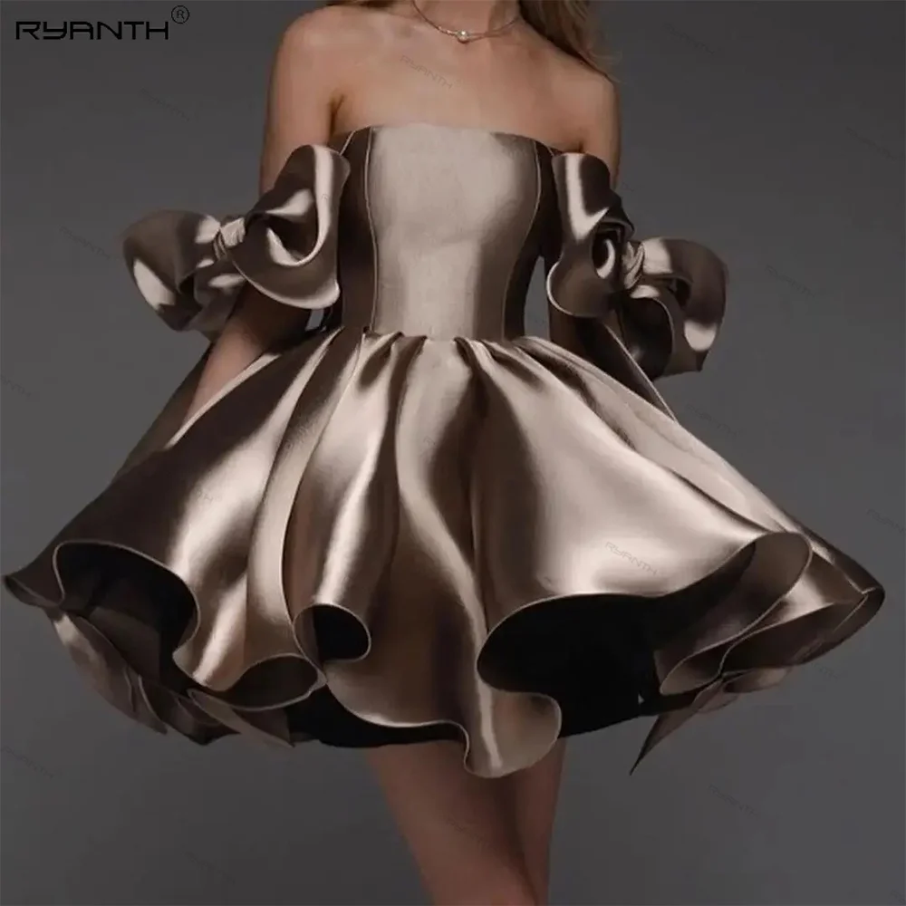 Ryanth Champagne Short Prom Dresses Bow Straps Satin Strapless Graduation Dress Lace Up Back A Line Birthday Dress Women 2024