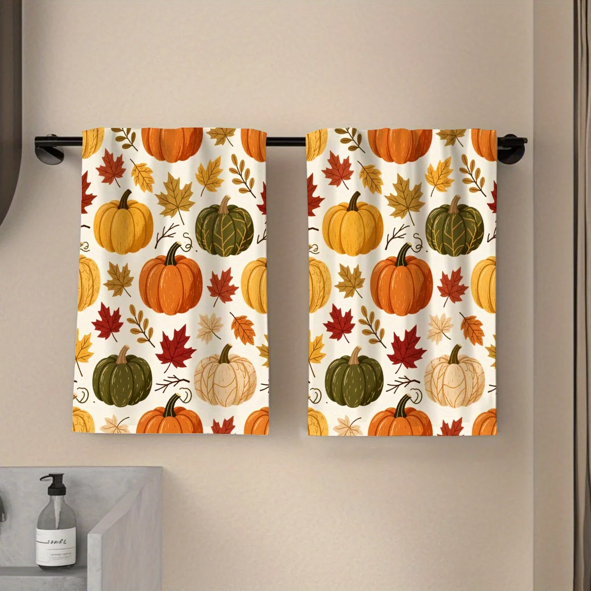 2Pcs, pumpkin and maple leaf pattern printed kitchen towel, hand towel, polyester material, soft, comfortable and durable