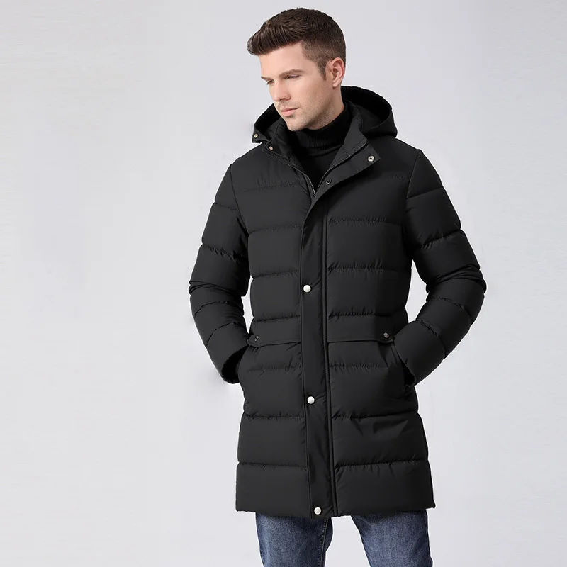 Casaco de inverno masculino novo engrossar quente meados de comprimento gola masculino para baixo outerwear manga longa bolso destacável com capuz homem jaqueta