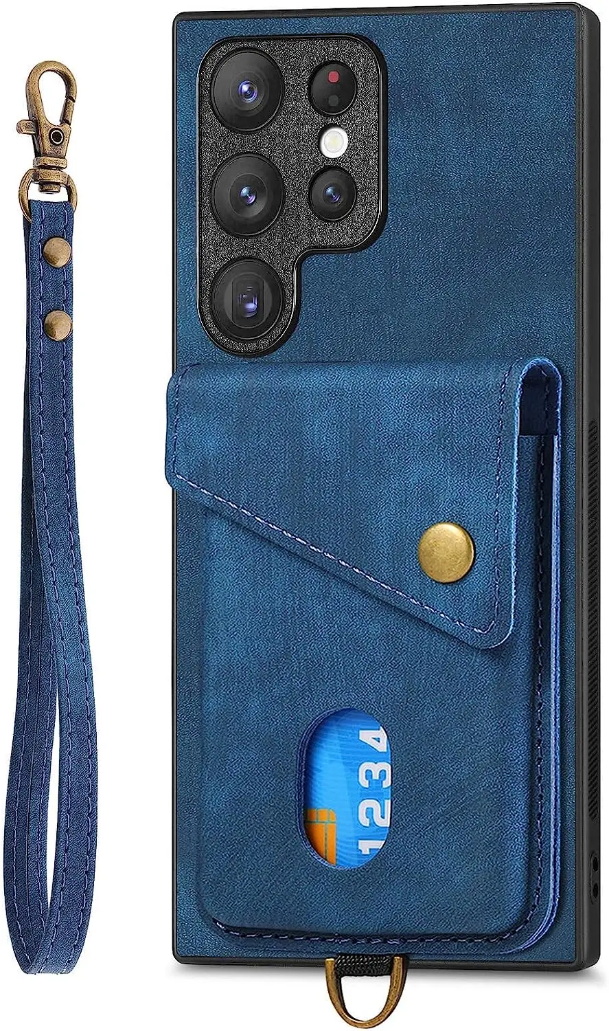 Leather Case for Samsung Galaxy S23/S23 Plus/S23 Ultra, Wrist Strap Cover, Vintage Magnetic Clasp Wallet Case Shockproof