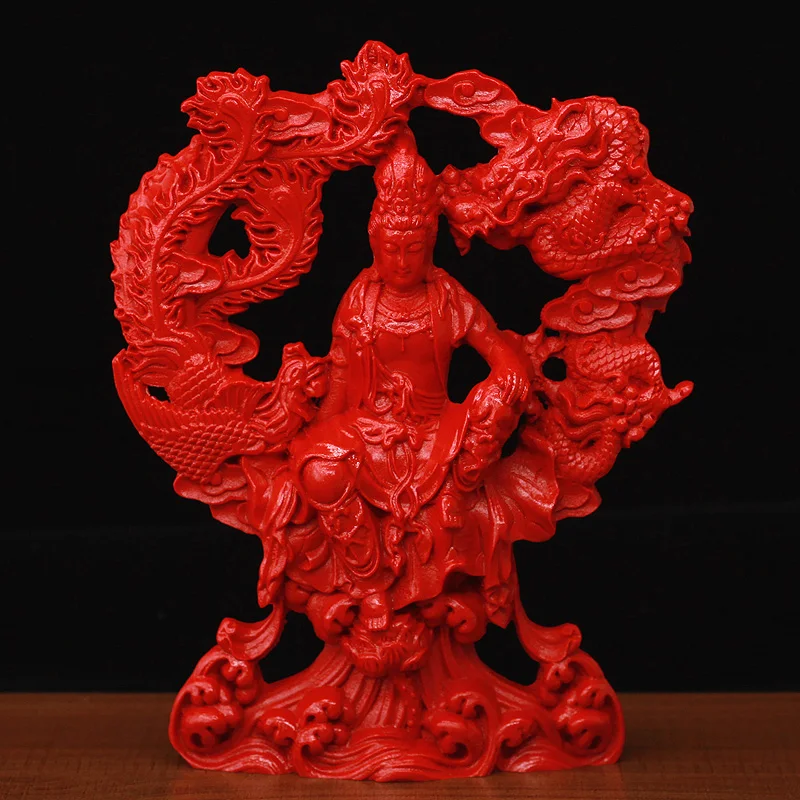 Natural red cinnabar dragon phoenix Guanyin Bodhisattva feng shui green dragon vermilion bird ornament  phoenix  wedding mascot