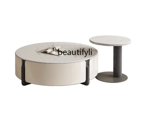 

Cream Style Stone Plate Coffee Table Simple Marble Living Room Home Light Luxury Modern Small Apartment round Side Table