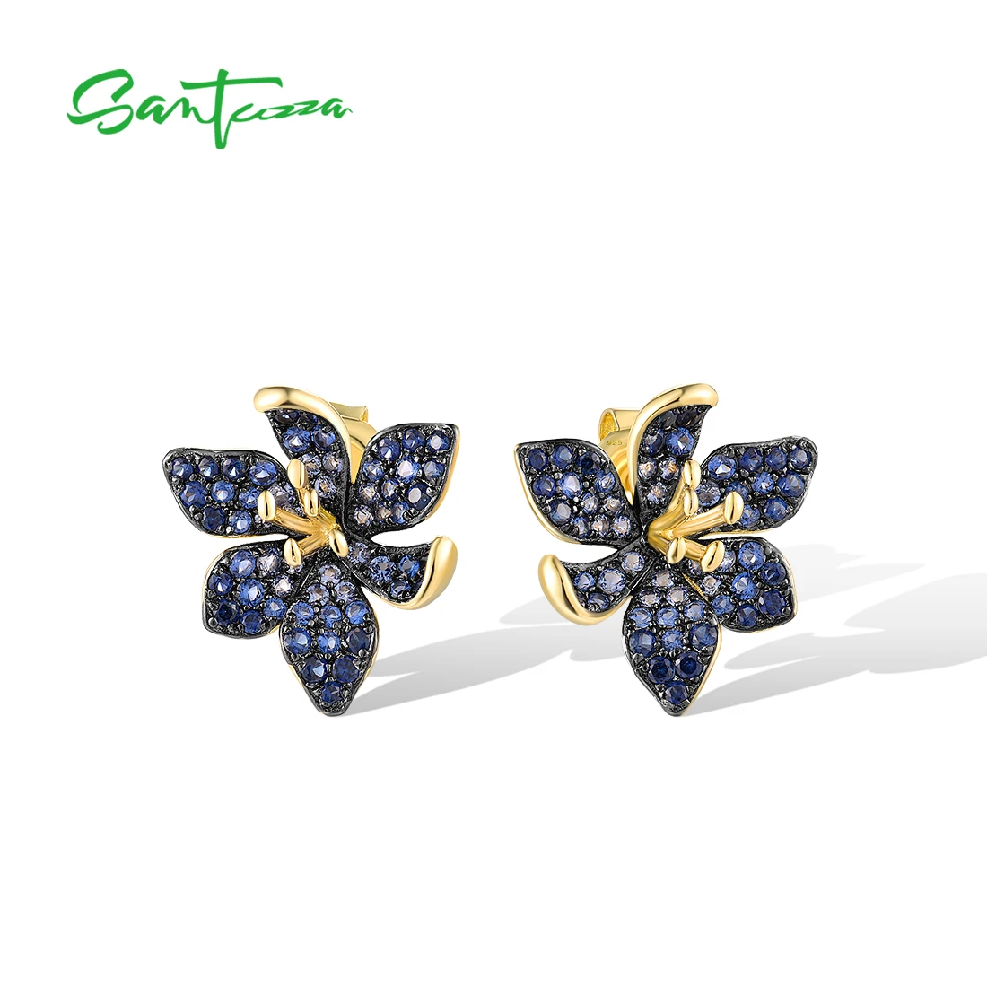 SANTUZZA Pure 925 Sterling Silver Earrings For Women Sparkling Blue Spinel Created Sapphire Gorgeous Flower Party Fine Jewelry