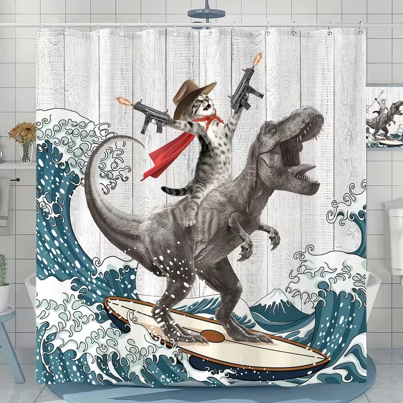VIKAMA Western Cowboy Cat Tyrannosaurus Rex Surfing Shower Curtain Cartoon Whimsical Design Unique and Humorous Atmosphere Decor