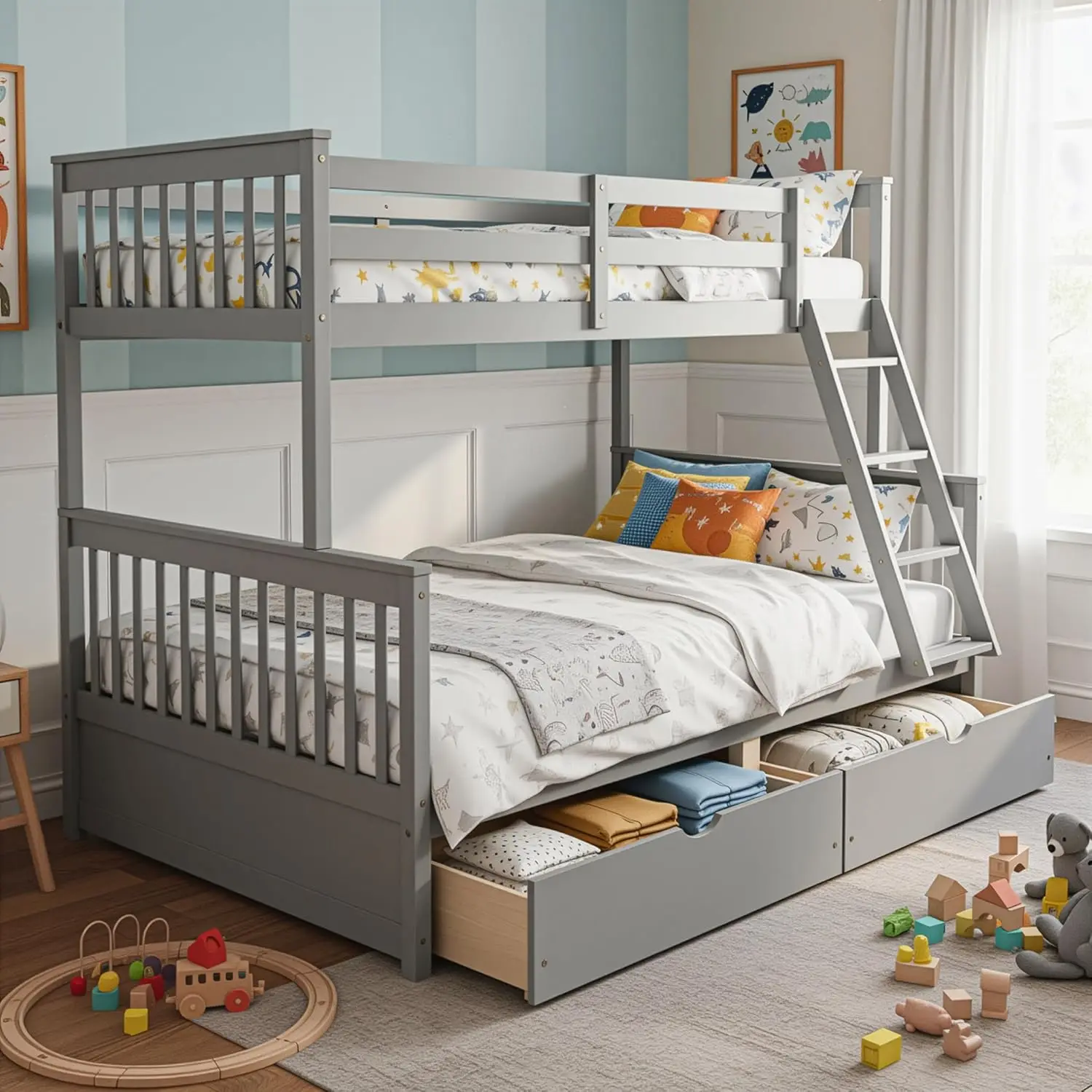 

Convertible Wood Bunk Bed with Ladders and Two Storage Drawers,Solid Wood Detachable Bed Frame with Ladders,Twi