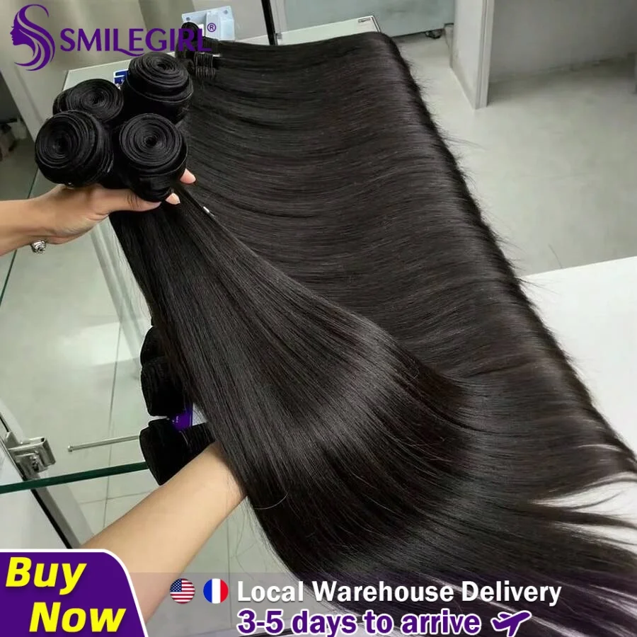 Smilegirl 15A Human Hair Bundles Bone Straight Bundles Human Hair 100% Unprocessed Brazilian Virgin Hair Quick Weave Extensions Natural Black 22 24 26 28 Inch