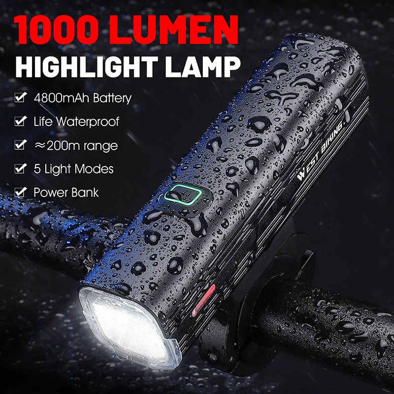 WEST BIKING 1000 Lumens Bicycle Front Light 4800mAh USB Rechargeable Power Bank Cycling Waterproof Flashlight Bike Accessories