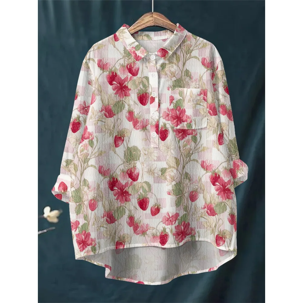 

Women's Loose Fit Floral Blouse with Strawberry Print Fresh Country Style Long Sleeve Shirt Half Button Down Top Casual Wear